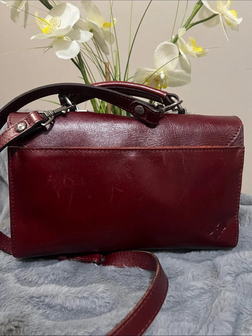 Patricia Nash Charonne Burgundy Embossed Floral Leather Satchel EUC retail $199